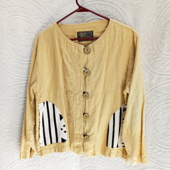 My Tribe 100% Linen Tribal Print Ethnic Look Jacket Unique Buttons Sz-S (T-386) - Picture 3 of 9